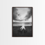 Beach Bonfire, coastal landscape art, rustic decor, moody art, dramatic seascape, black and white, framed canvas print, nautical wall art