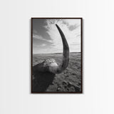 Lone Horn, desert minimalism, rustic western art, wabi sabi decor, moody photography, framed canvas print, black and white, southwest art