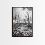 Windblown Trees, stormy sky, moody landscape, wabi sabi art, black and white, framed canvas print, rustic decor, nature photography