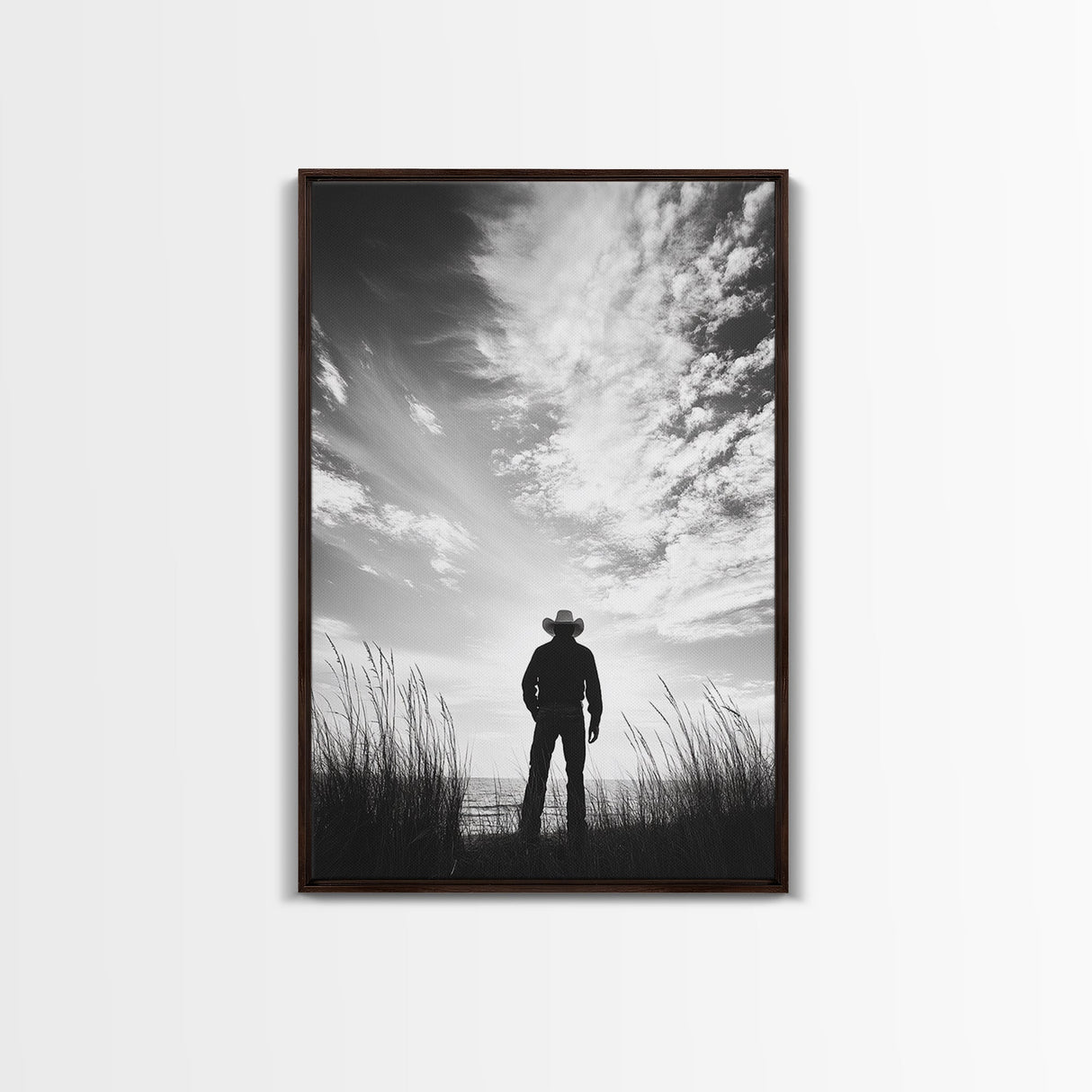 Lone Cowboy, coastal cowgirl wall art, moody art, western art, rustic decor, wabi sabi art, framed canvas print, extra wide art