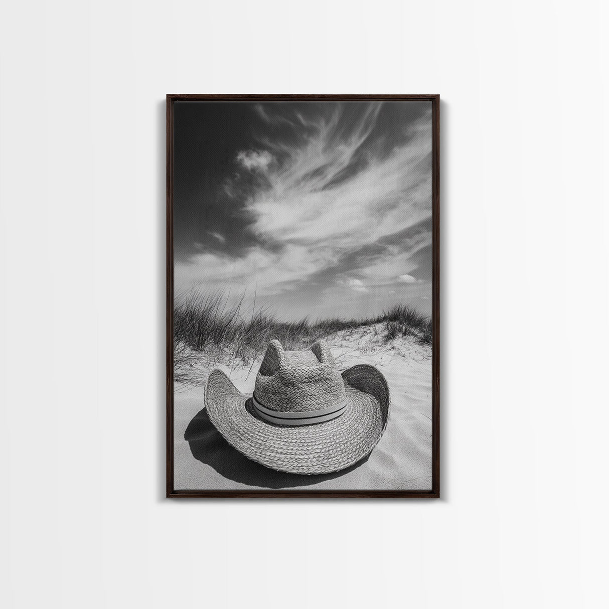 Straw Hat, coastal cowgirl wall art, wabi sabi art, beach photography, western decor, rustic art, framed canvas print, minimalist art