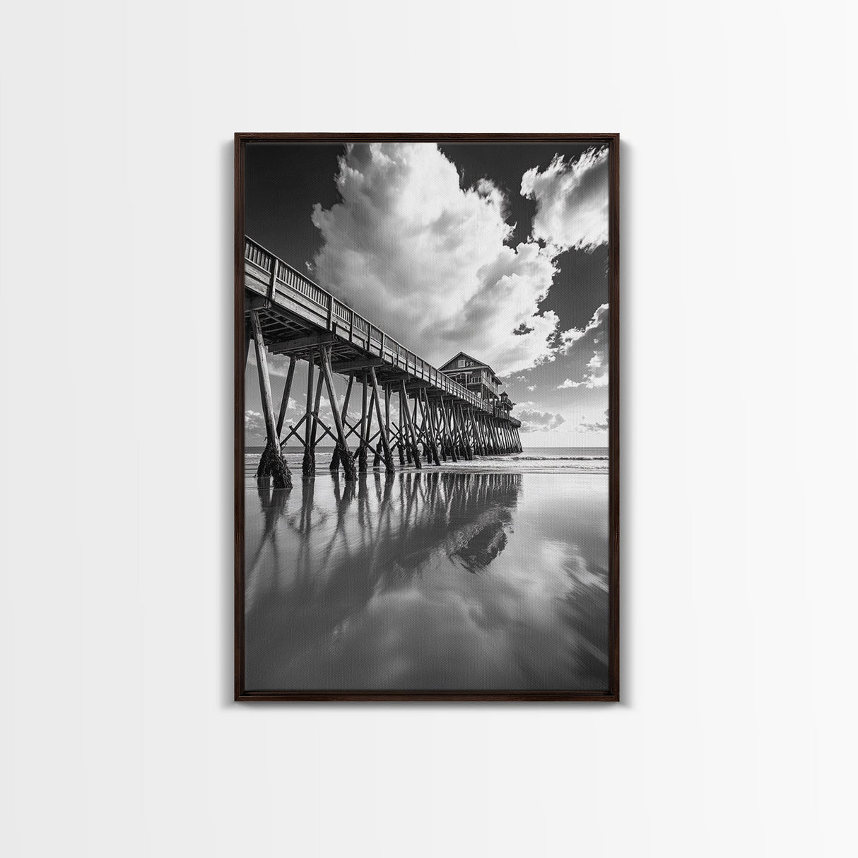 Pier reflection, seascape painting, nautical decor, rustic wall art, black and white photography, extra wide art, framed canvas print