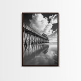 Pier reflection, seascape painting, nautical decor, rustic wall art, black and white photography, extra wide art, framed canvas print