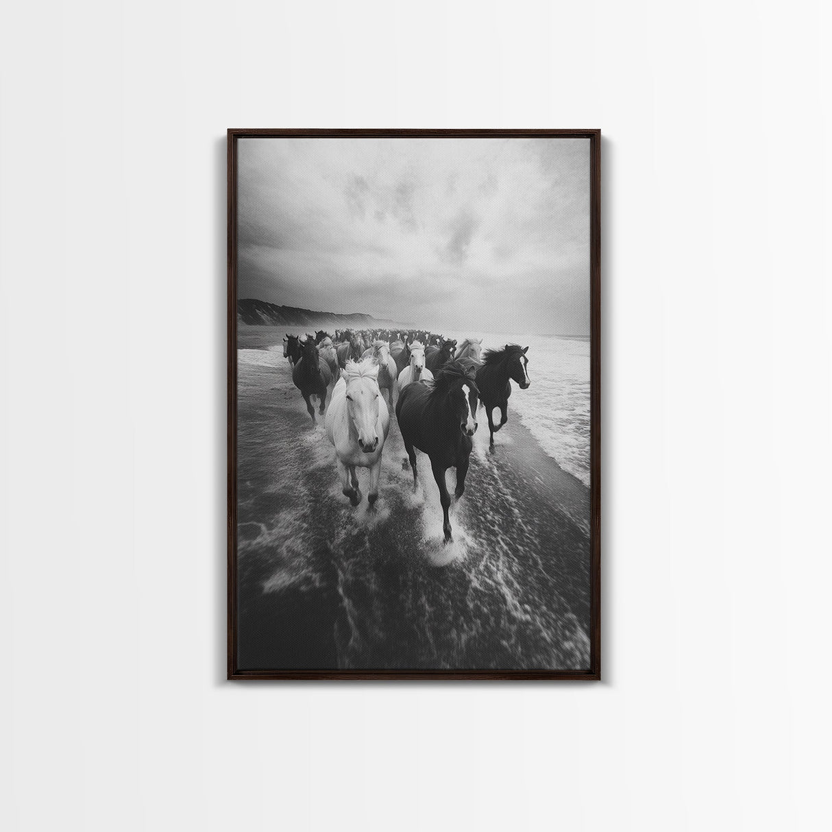 Horse wall art, wild mustangs, moody art, rustic decor, nature photography, black and white art, panoramic art, canvas print, living room art