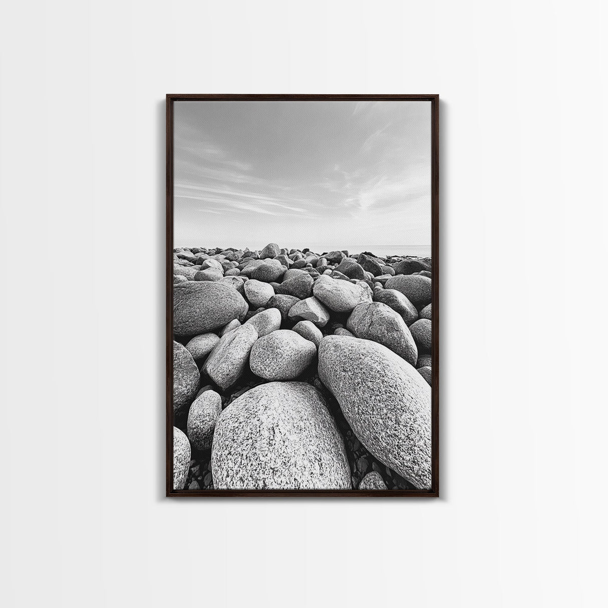 Stone beach, coastal landscape art, black and white art, wabi sabi wall art, minimalist art, nature photography, framed canvas print