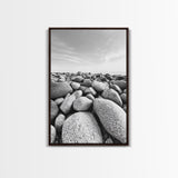 Stone beach, coastal landscape art, black and white art, wabi sabi wall art, minimalist art, nature photography, framed canvas print