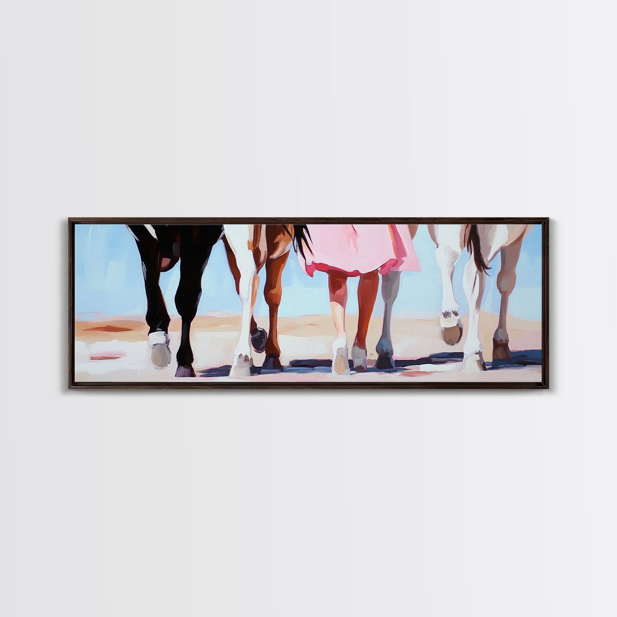 Horse Walk, western art, cowboy painting, rustic decor, extra wide art, panoramic art, framed canvas print, long narrow wall art