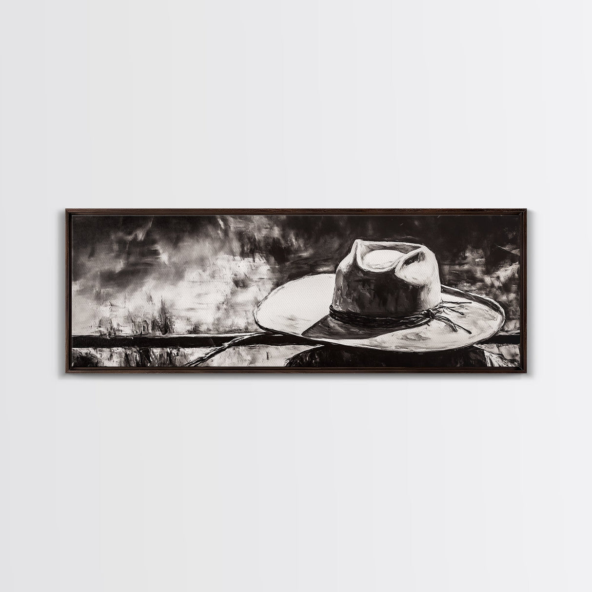 Western Hat Art, Black and White Art, Framed Canvas Print, Rustic Wall Art, Wabi Sabi Art, Extra Wide Art, Minimalist Art