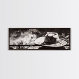 Western Hat Art, Black and White Art, Framed Canvas Print, Rustic Wall Art, Wabi Sabi Art, Extra Wide Art, Minimalist Art