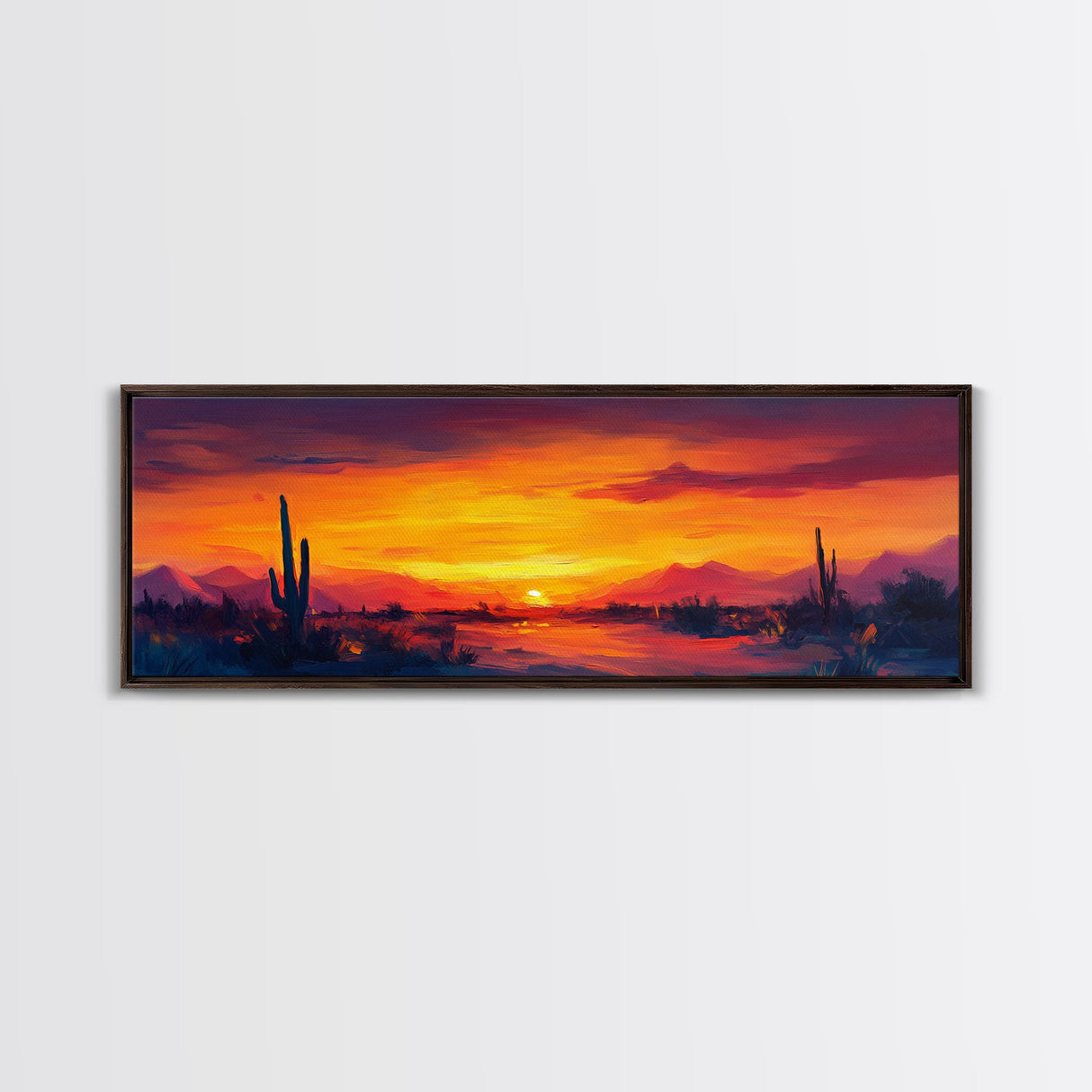 Sunset Cactus Art, southwest wall art, desert landscape painting, extra wide art, panoramic painting, framed canvas print, rustic decor, horizontal wall art