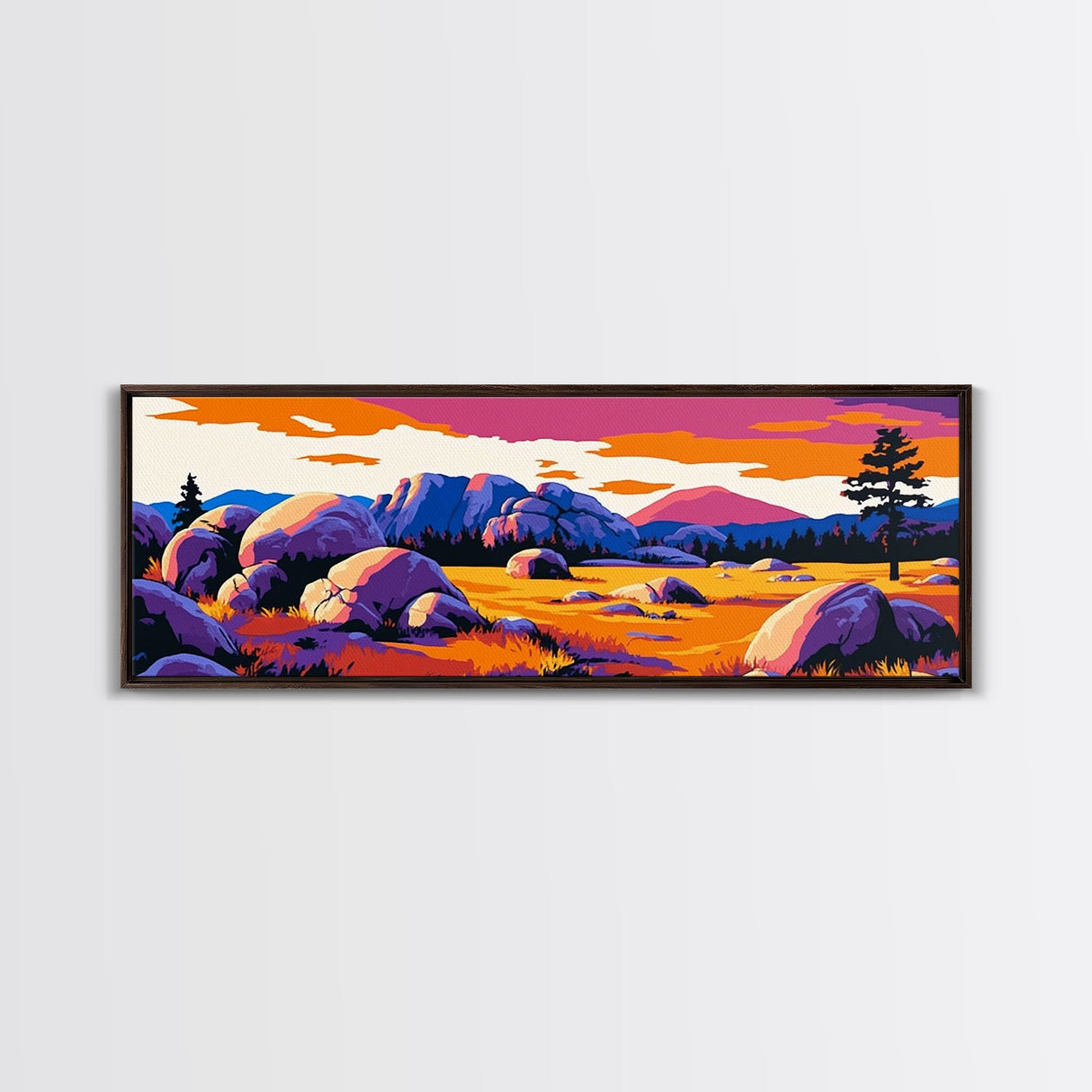Southwest landscape, sunset painting, Joshua tree art, pink orange wall art, extra wide art, rustic decor, framed canvas print