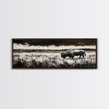 Bison painting, rustic art, black and white wall art, moody art, western decor, panoramic painting, extra wide art, framed canvas print