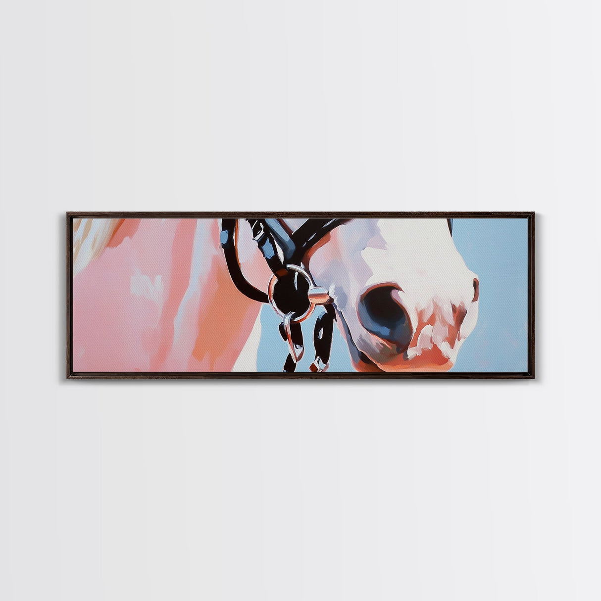 Horse close-up, minimalist art, pink abstract art, soft pastel, boho art, extra wide art, framed canvas print, modern farmhouse decor