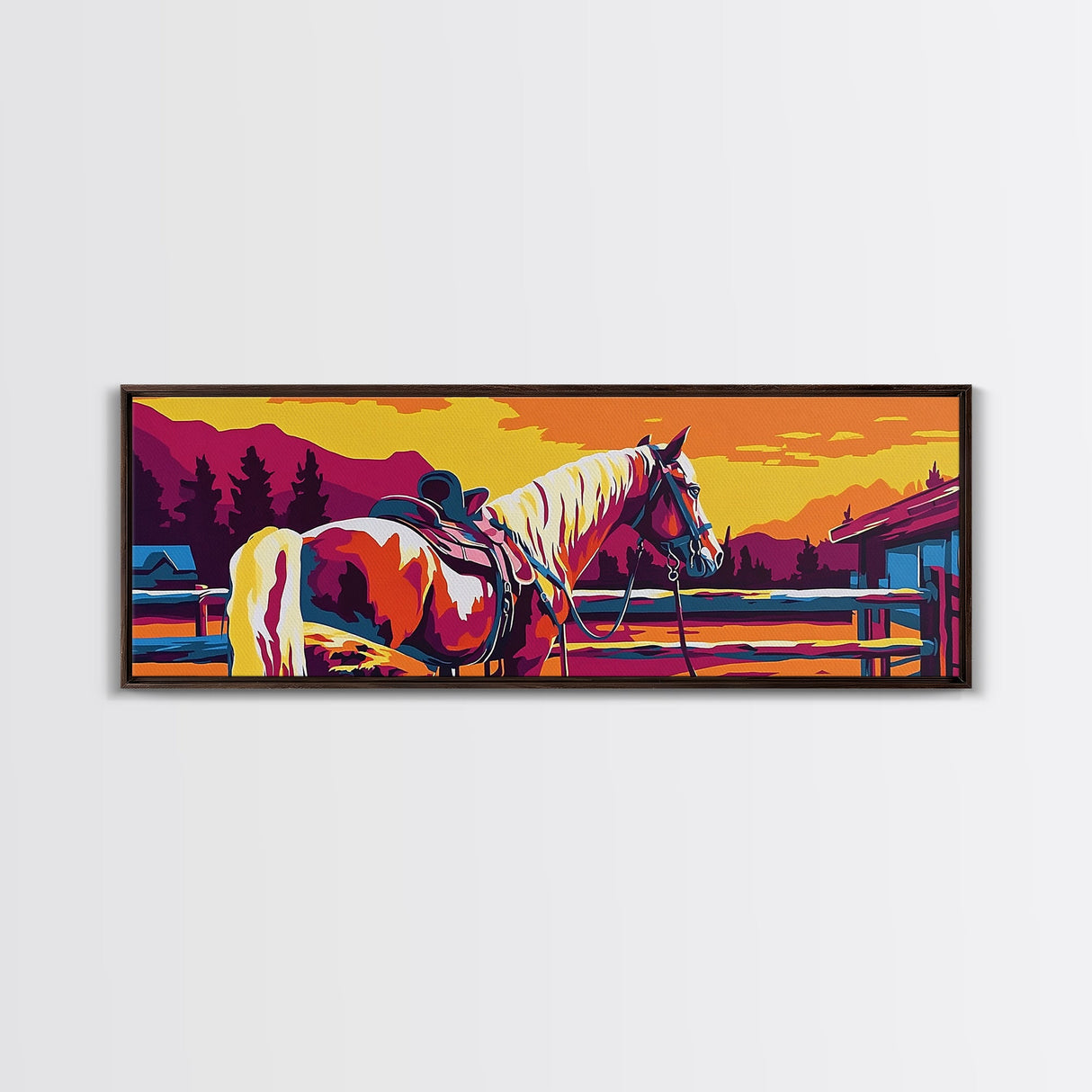 Western horse, saddle, cowboy, sunset, rustic wall art, panoramic art, framed canvas print, extra wide art, horse wall art