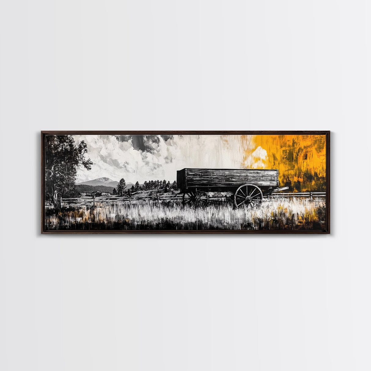 Vintage wooden wagon, rustic wall art, barn landscape oil painting, black and white art, extra wide art, framed canvas print, farmhouse art