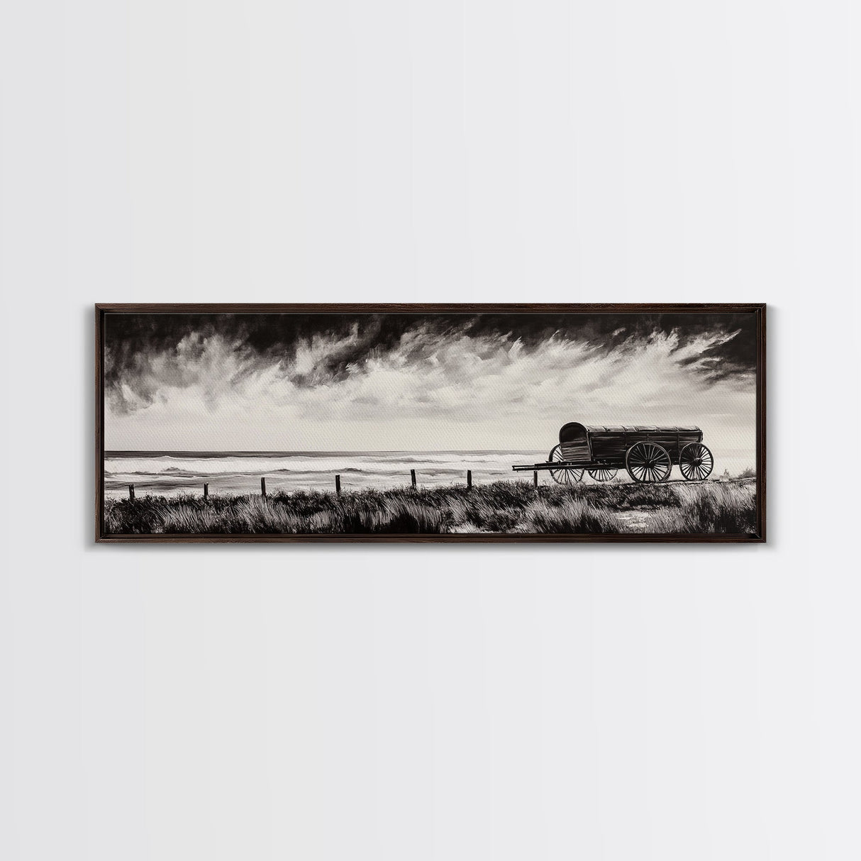 Stormy Wagon, black and white art, moody western painting, rustic decor, farmhouse wall art, extra wide panoramic art, framed canvas print.