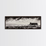 Stormy Wagon, black and white art, moody western painting, rustic decor, farmhouse wall art, extra wide panoramic art, framed canvas print.