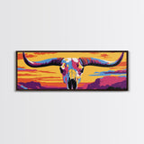 Longhorn Skull, southwest wall art, bull and bear art, pink orange wall art, extra wide art, Framed Canvas Print, rustic decor
