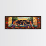 Rustic Wagon Wheel, farmhouse art, southwest wall art, wildflower painting, boho art, extra wide art, framed canvas print, landscape painting