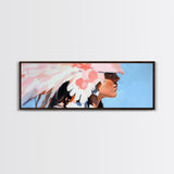 Pink Headdress, modern portrait, southwest wall art, moody art, framed canvas print, light pink wall art, gift idea for her