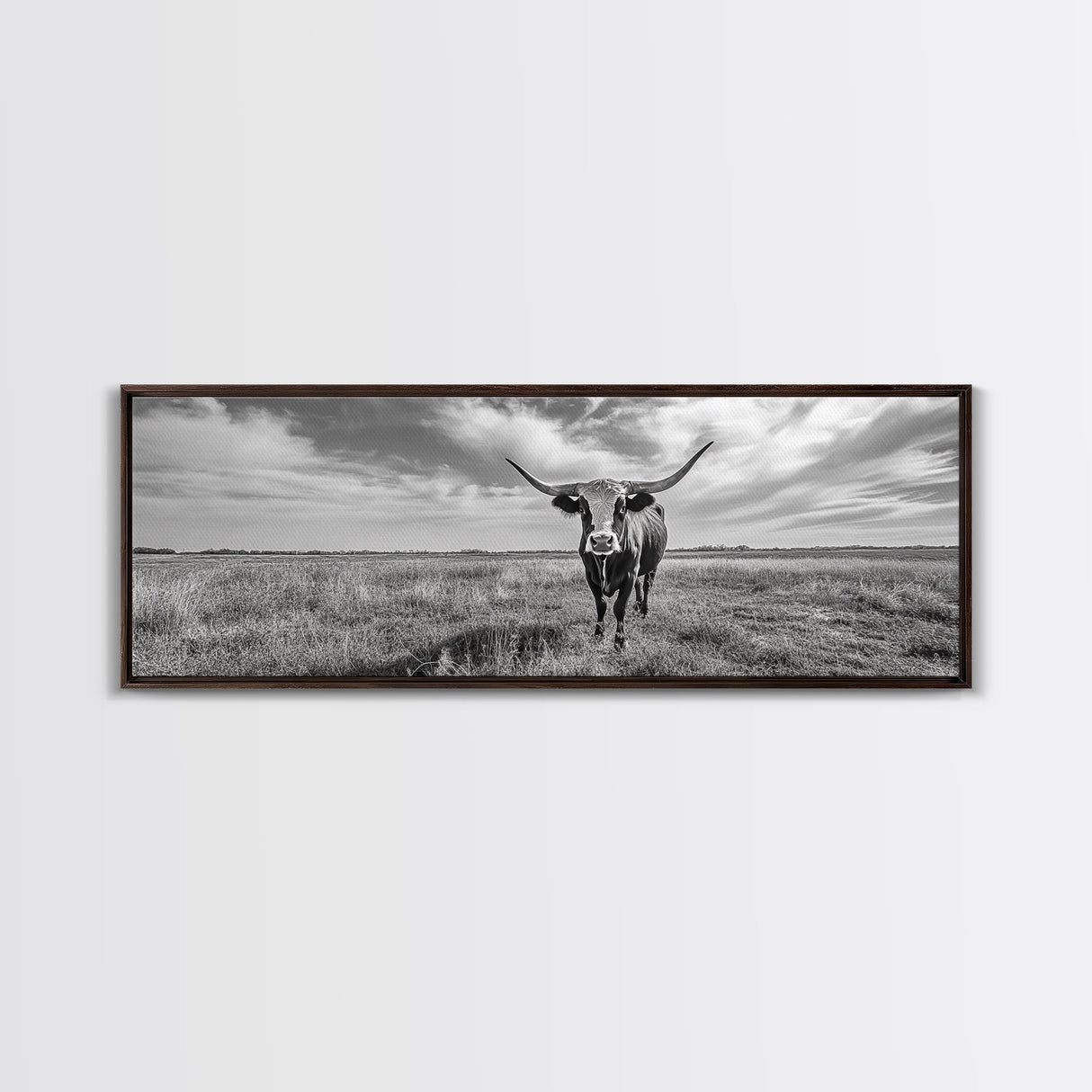 Texas Longhorn, Rustic Wall Art, Canvas Print, Farmhouse Art, Western Decor, Above Bed Art, Extra Wide Art, Moody Black And White Art