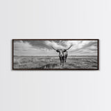 Texas Longhorn, Rustic Wall Art, Canvas Print, Farmhouse Art, Western Decor, Above Bed Art, Extra Wide Art, Moody Black And White Art