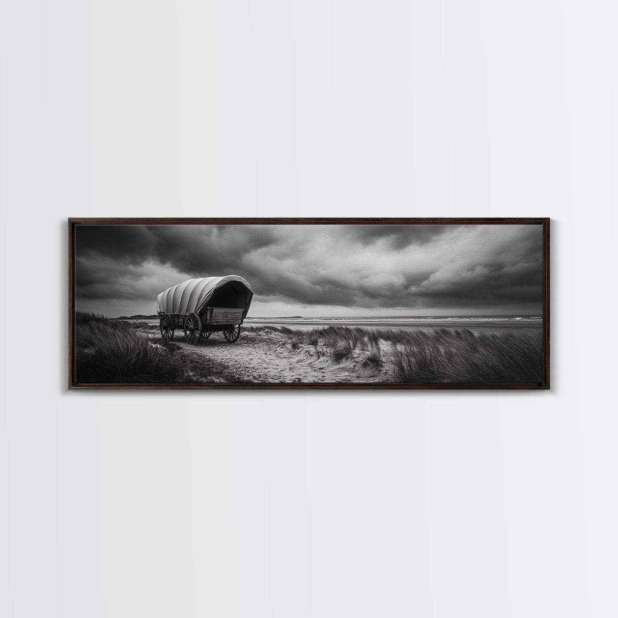 Covered Wagon, coastal cowgirl wall art, rustic decor, farmhouse art, long narrow wall art, framed canvas print, extra wide art