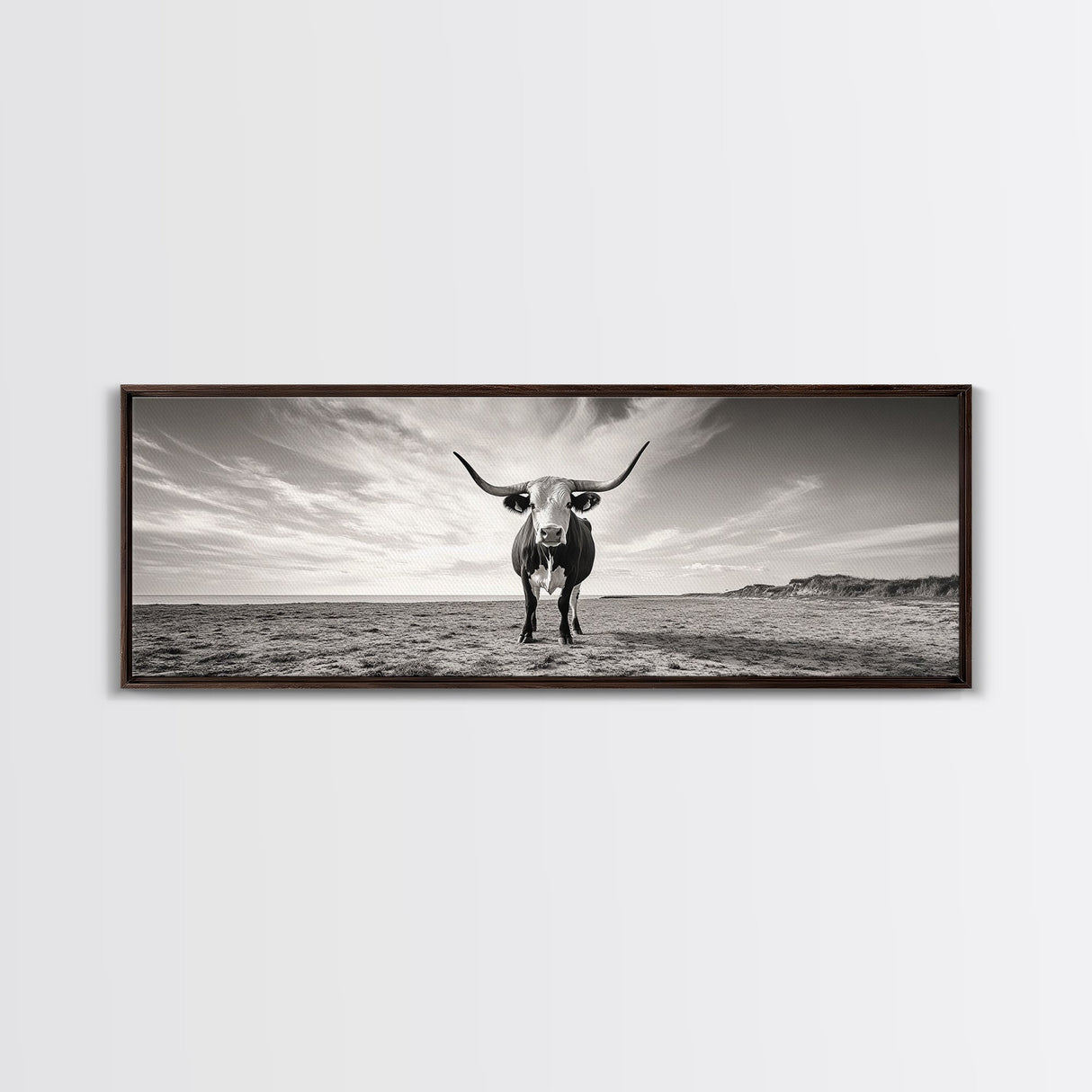 Longhorn, western landscape, bull and bear art, panoramic art, extra wide art, rustic wall art, framed canvas print, farmhouse decor, moody art