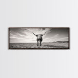 Longhorn, western landscape, bull and bear art, panoramic art, extra wide art, rustic wall art, framed canvas print, farmhouse decor, moody art