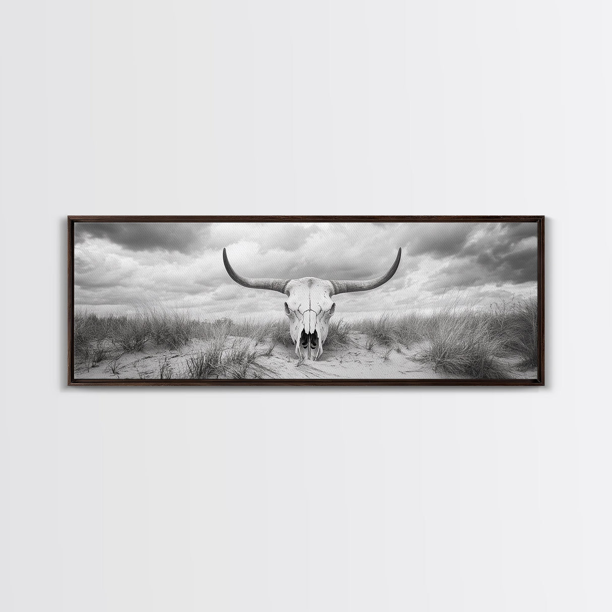Longhorn Skull, skull art, western wall art, rustic decor, moody art, desert painting, farmhouse art, panoramic art, framed canvas print