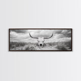 Longhorn Skull, skull art, western wall art, rustic decor, moody art, desert painting, farmhouse art, panoramic art, framed canvas print