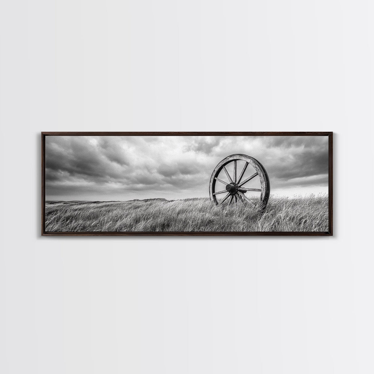 Wagon Wheel, rustic decor, farmhouse art, extra wide art, panoramic painting, country decor, cowboy art, framed canvas print, moody art