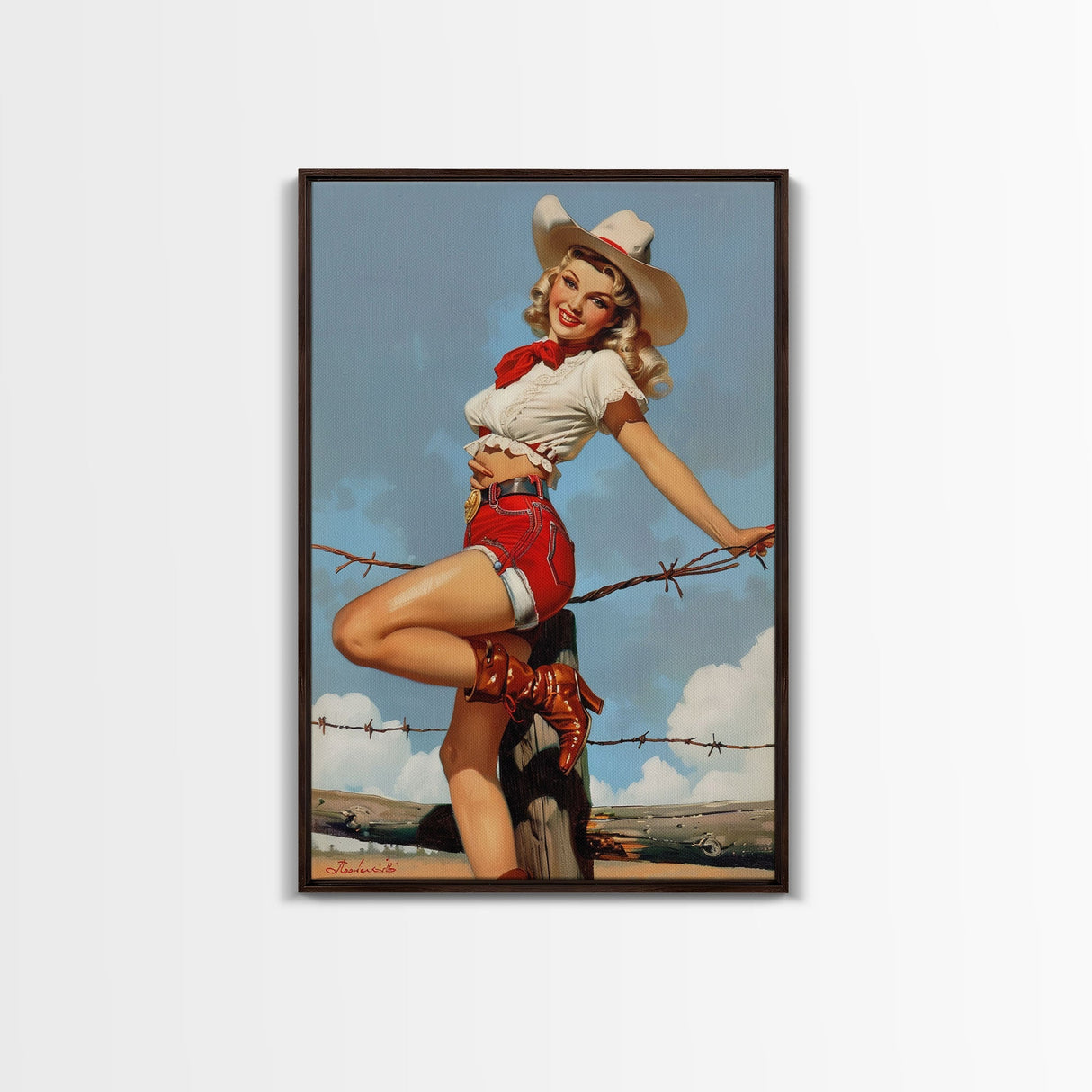 Vintage Cowgirl Pin-Up Art Print, Retro Western Framed Canvas, Classic Pin-Up Girl in Cowboy Hat and Boots, Unique Wall Decor