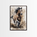 Powerful Horse Galloping - Framed Canvas Print, Dynamic Living Room Art, Energetic Bedroom Decor, Equestrian Art, Wall Art