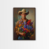 Handsome Cowboy with Wildflowers - Framed Canvas Print, Western Living Room Art, Rustic Bedroom Decor, Cowboy Art, Wall Art