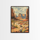 Cowboy in Southwestern Desert Landscape - Framed Canvas Print, Western Wall Art, Desert Scene Art, Cactus Decor for Living Room