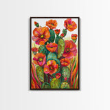 Vibrant Desert Cactus and Flowers, Living Room or Bedroom Wall Art, Framed Canvas Print for Home Decor, Botanical Artwork