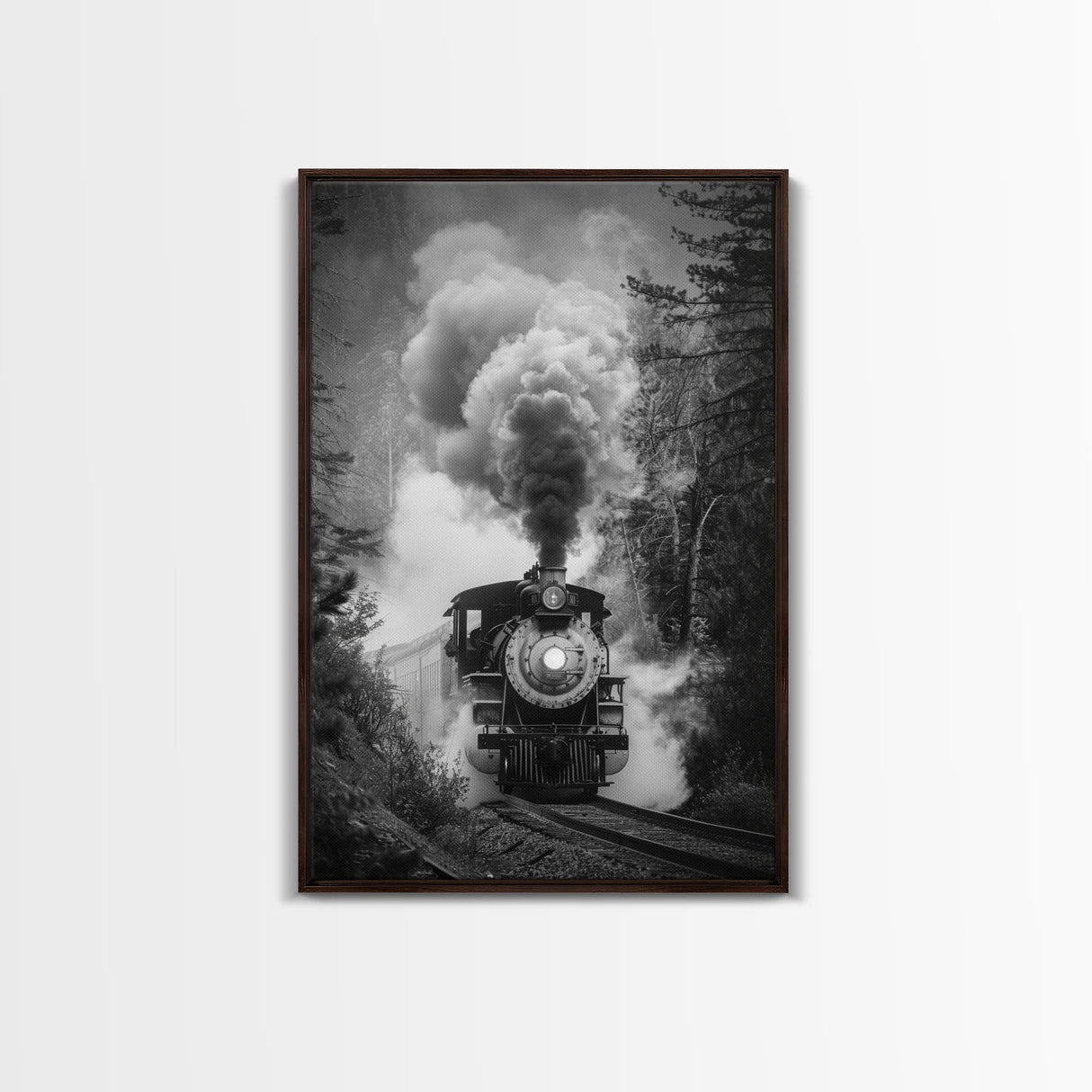 Steam Locomotive in the Forest Black and White Photography - Framed Canvas Print, Railroad Art, Vintage Train Wall Art for Home