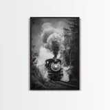 Steam Locomotive in the Forest Black and White Photography - Framed Canvas Print, Railroad Art, Vintage Train Wall Art for Home