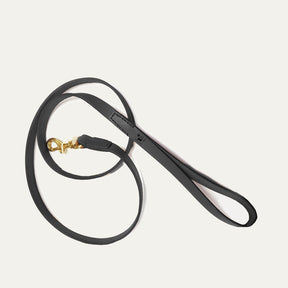 Will Leather Goods black leather dog leash coiled on a white background, showing the brass clasp