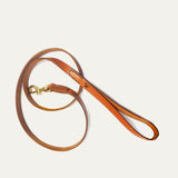Will Leather Goods tan leather dog leash coiled on a white background, showing the brass clasp