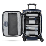 Open Travelpro Crew Classic compact carry-on spinner showing the removable compression packing organizer