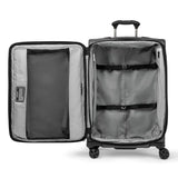 Interior of the Travelpro Crew Classic medium check-in spinner with hold-down straps and divider