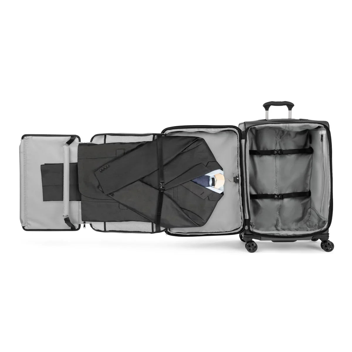 Travelpro Crew Classic medium check-in spinner opened with the fold-out suiter