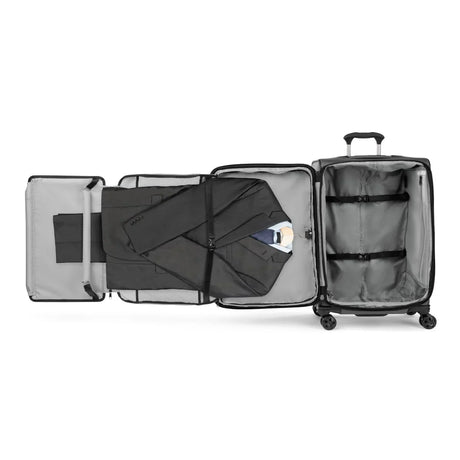 Travelpro Crew Classic medium check-in spinner opened with the fold-out suiter