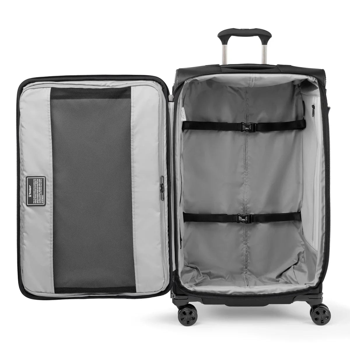 Interior of the Travelpro Crew Classic large check-in spinner with hold-down straps and zippered divider