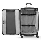 Interior of the Travelpro Crew Classic large check-in spinner with hold-down straps and zippered divider