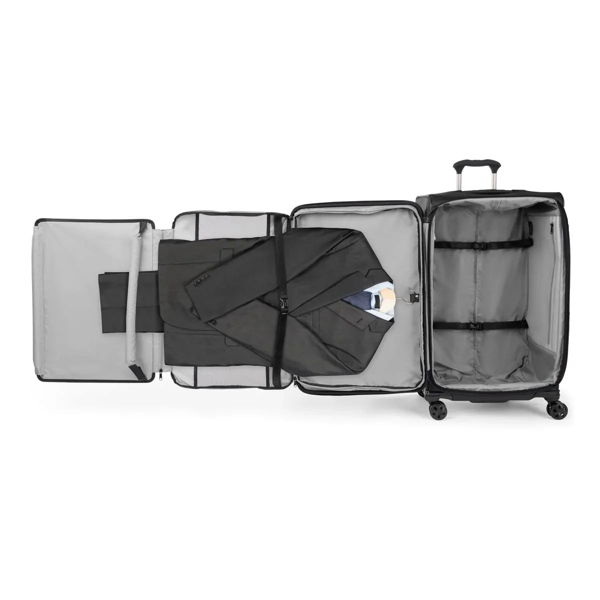 Travelpro Crew Classic large check-in spinner with the fold-out suiter holding a jacket
