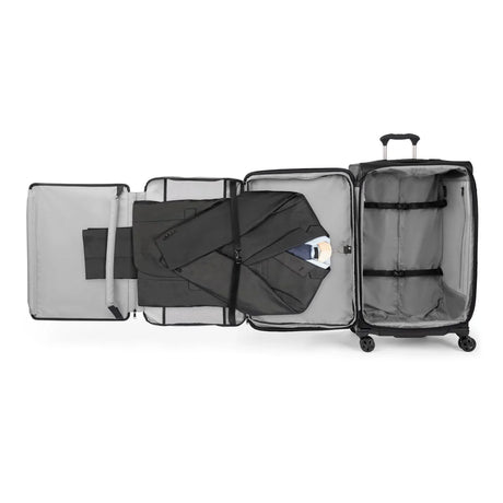 Travelpro Crew Classic large check-in spinner with the fold-out suiter holding a jacket