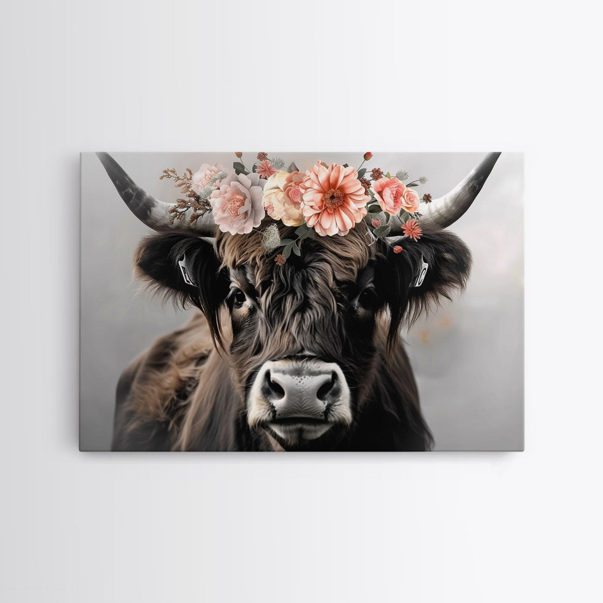 Framed Canvas Wall Art, Cute Cow Wearing Flowers, Farmhouse Decor, Farmhouse Wall At, Extra Large Boho Decor, Modern Art, Minimalist Rustic